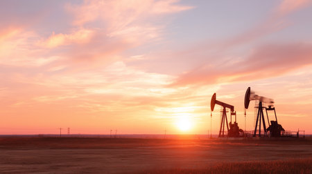 Oil pumps work during sunset in open field with colorful skyの素材