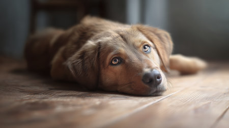 Dog resting on wooden floor with natural light coming from window in a home settingの素材