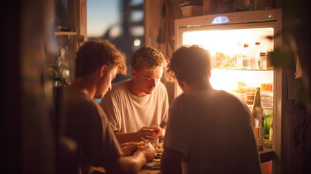 Group of friends share a meal together in a kitchen while evening light shinesの素材