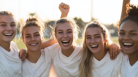 Group of young women celebrate after winning a soccer match at a sports field during sunsetの素材