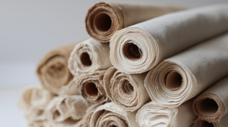 Rolled fabric placed together on a table in a craft room during daylight hoursの素材