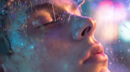 Close up view of a person submerged in water with colorful lights reflectingの素材