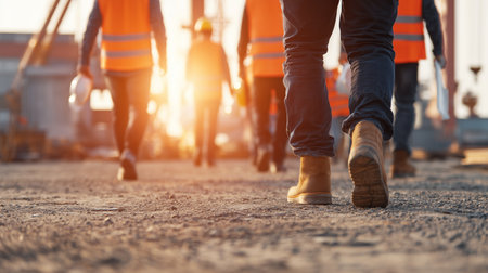 Workers walk on construction site during sunsetの素材