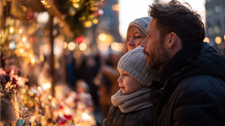 Family enjoying holiday market in evening light with decorations and crowds nearbyの素材