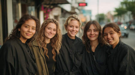 Friends smile together outside a shop in a busy urban area during the eveningの素材