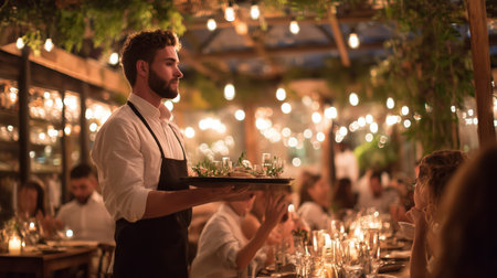 Waiter serves food to guests in a busy dining area with warm lightsの素材