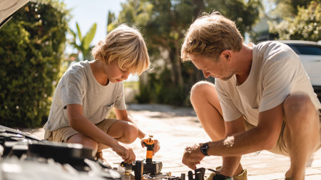 Father and son work on car together in driveway during sunny afternoonの素材