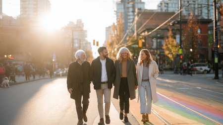 Group enjoys walk on city street during sunsetの素材