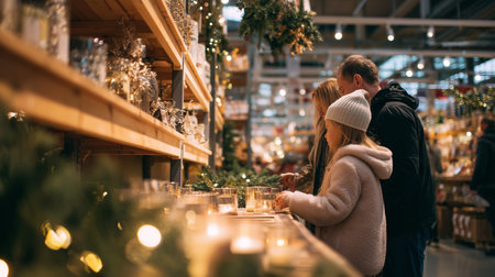 Family enjoys holiday shopping at a market filled with decorations and candlesの素材