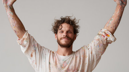 Man raises arms with paint on skin in studio during creative activityの素材