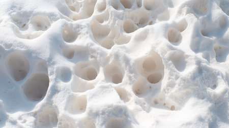 Snow covers ground with many holes and shapes in winter sunlight during a cold dayの素材