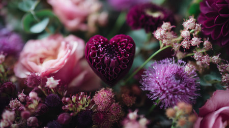 Various types of flowers are arranged in a colorful bouquet with a heart-shaped bloomの素材