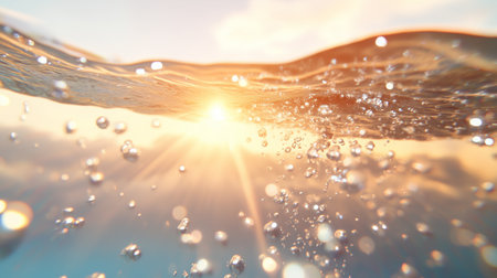 Sunlight shines through water with bubbles and reflections in the afternoon lightの素材