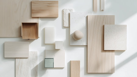 Different pieces of wood and stone displayed on a light surface for design purposesの素材