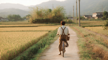 Cyclist rides through rice fields on quiet path during sunset in rural areaの素材