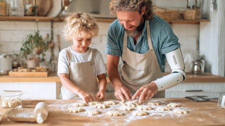 Father and child make dough together in a kitchen in the early afternoonの素材