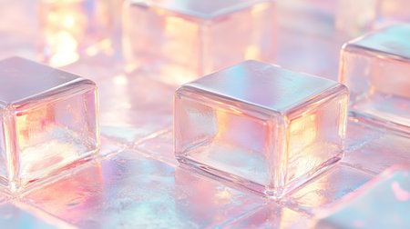 Ice cubes arranged on a reflective surface with light playing around themの素材