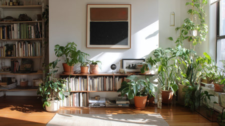 Green plants fill a cozy room with a bookshelf and sunlight in the afternoonの素材