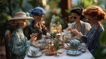 Friends gather for tea and conversation in a garden setting with dolls around a tableの素材