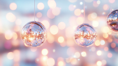 Hanging clear ornaments with a blurred background showing lights and reflectionsの素材