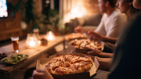 Group of friends enjoying pizza and watching TV together in warm indoor setting at nightの素材