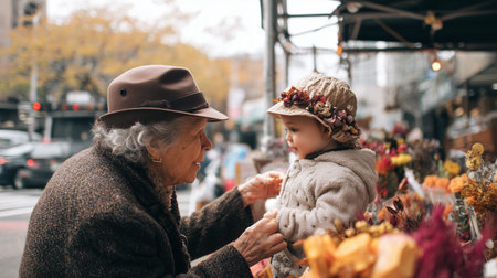 Joyful interaction between an elderly woman and a young girl at a market in autumnの素材