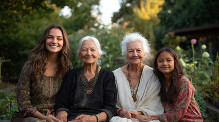 Women of different generations pose together in a garden during daylight hoursの素材