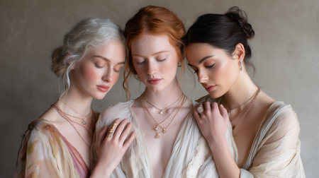 Three women stand together in soft light, wearing simple clothing and jewelryの素材