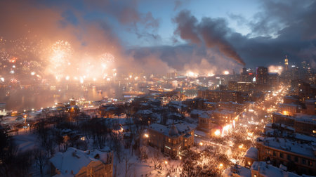 Fireworks light up the night sky over a city during a winter festival celebrationの素材