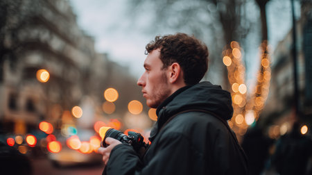 Person holds camera while walking in city street at night with lights in backgroundの素材
