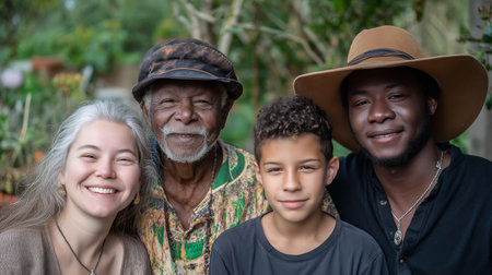 Celebrating family bonds with smiles in a garden settingの素材
