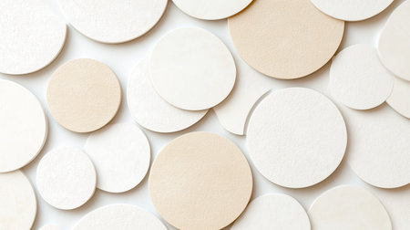 Various round shapes in light colors arranged on a flat surfaceの素材