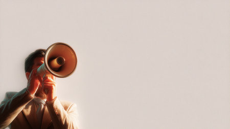 Man using a megaphone to communicate during an event in a city settingの素材