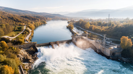 Hydropower plant generates electricity from river water at dawnの素材