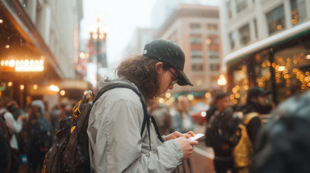 Person using phone in busy city street during rainy weather in the evening hoursの素材