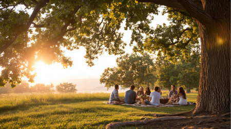 Gathering around a tree at sunset in a field with friends sharing a meal and storiesの素材