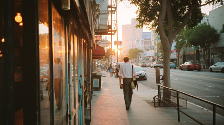 Man walking on city street during sunset by shops and carsの素材