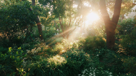 Sunlight shines through trees in a garden at dawn on a clear morningの素材