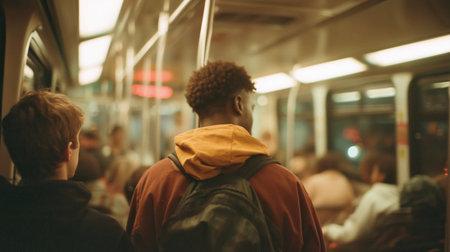 Crowded subway train with passengers traveling at night in urban settingの素材