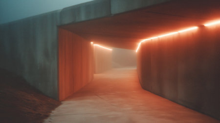 Walking through a foggy passage with orange lights at night in an urban settingの素材