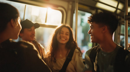 Friends enjoy conversation together on a bus during sunset in the cityの素材