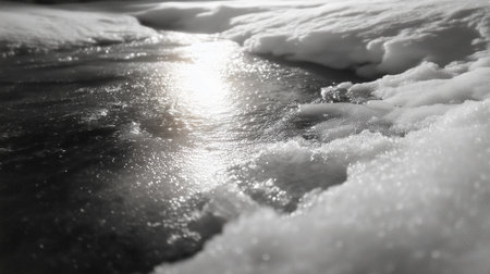 Snow and water reflect light during night time in a cold landscapeの素材