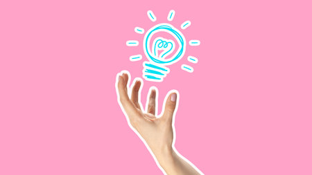Creative idea light bulb illustration with hand against a pink background