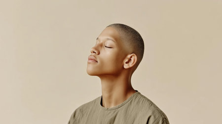 Young man with closed eyes takes a moment to reflect in a simple indoor spaceの素材