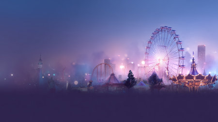 Night scene of a fairground with rides and colorful lights in a city landscapeの素材