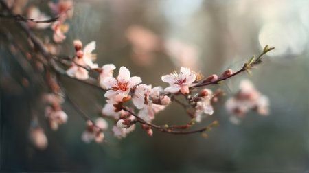 Cherry blossom branch blooms in springtime, showing delicate flowers and budsの素材