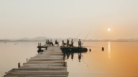 People fish from a wooden dock at sunset in a calm lake setting in warm lightの素材