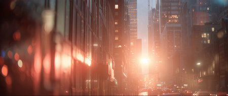 Evening sunlight reflects off buildings in a busy city street during rainの素材