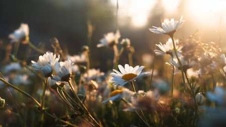 Sunlight shines on flowers in a field during the evening hours in springの素材
