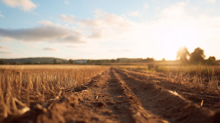 Fields stretch under the setting sun with plowed earth in the foreground and distant hillsの素材